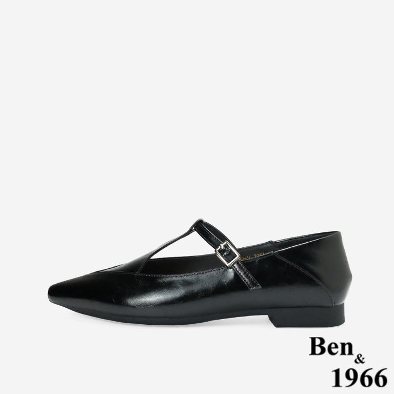 Ben&1966高級牛油皮氣質韓系尖頭瑪莉珍鞋-黑(256301)