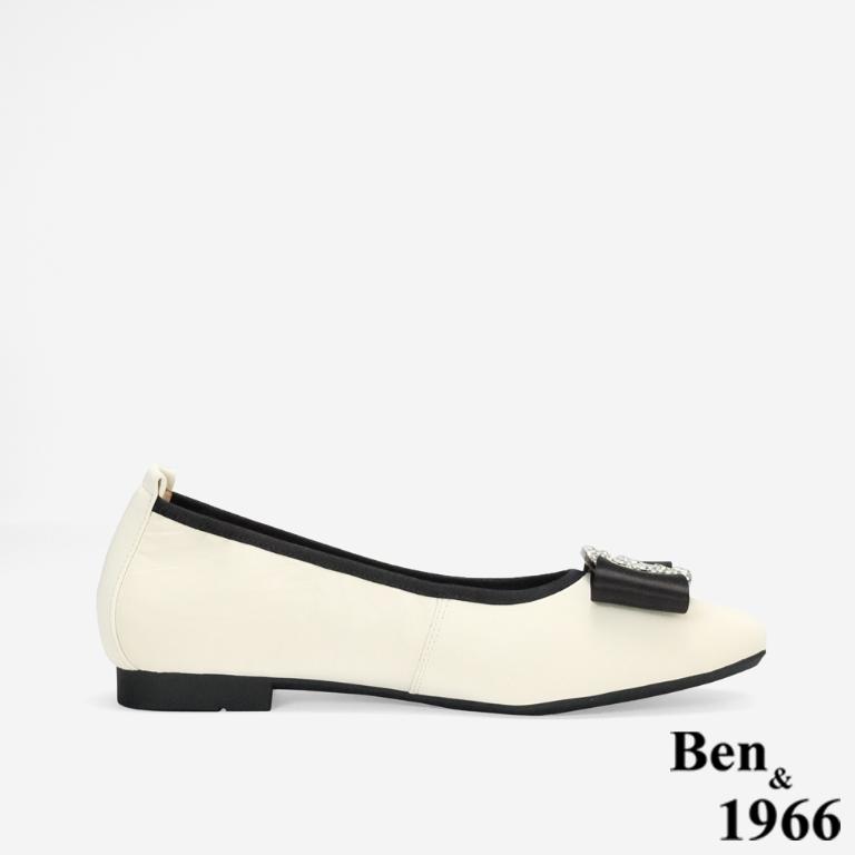 Ben&1966柔軟絲綢羊皮優雅鑽釦方頭包鞋-米白(256252)