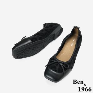 Ben&1966時尚豹紋牛皮蝴蝶結方頭包鞋-黑(256331)