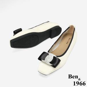 Ben&1966柔軟絲綢羊皮優雅鑽釦方頭包鞋-米白(256252)