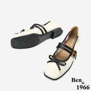 Ben&1966柔軟羊皮優雅蝴蝶結方頭包鞋-米白(256322)