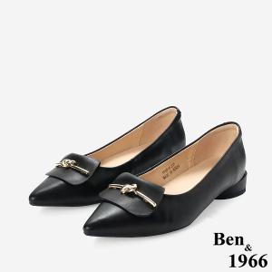 Ben&1966高級打蠟羊皮金釦尖頭低跟包鞋-黑(256151)