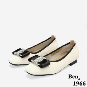 Ben&1966柔軟絲綢羊皮優雅鑽釦方頭包鞋-米白(256252)