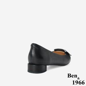 Ben&1966高級打蠟羊皮金釦尖頭低跟包鞋-黑(256151)