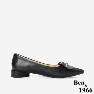 Ben&1966高級打蠟羊皮金釦尖頭低跟包鞋-黑(256151)