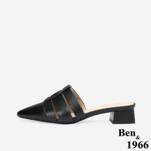 Ben&1966高級頭層牛皮編織尖頭穆勒拖-黑(256171)