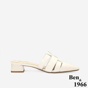 Ben&1966高級頭層牛皮編織尖頭穆勒拖-米白(256172)