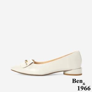 Ben&1966高級打蠟羊皮金釦尖頭低跟包鞋-米白(256152)