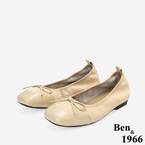 Ben&1966時尚豹紋牛皮蝴蝶結方頭包鞋-杏色(256332)