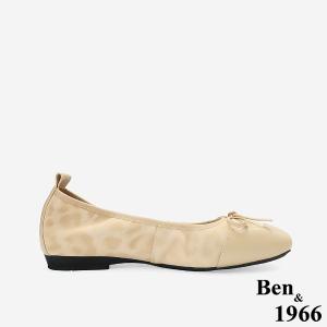 Ben&1966時尚豹紋牛皮蝴蝶結方頭包鞋-杏色(256332)