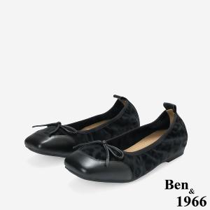 Ben&1966時尚豹紋牛皮蝴蝶結方頭包鞋-黑(256331)