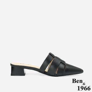 Ben&1966高級頭層牛皮編織尖頭穆勒拖-黑(256171)