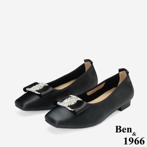 Ben&1966柔軟絲綢羊皮優雅鑽釦方頭包鞋-黑(256251)