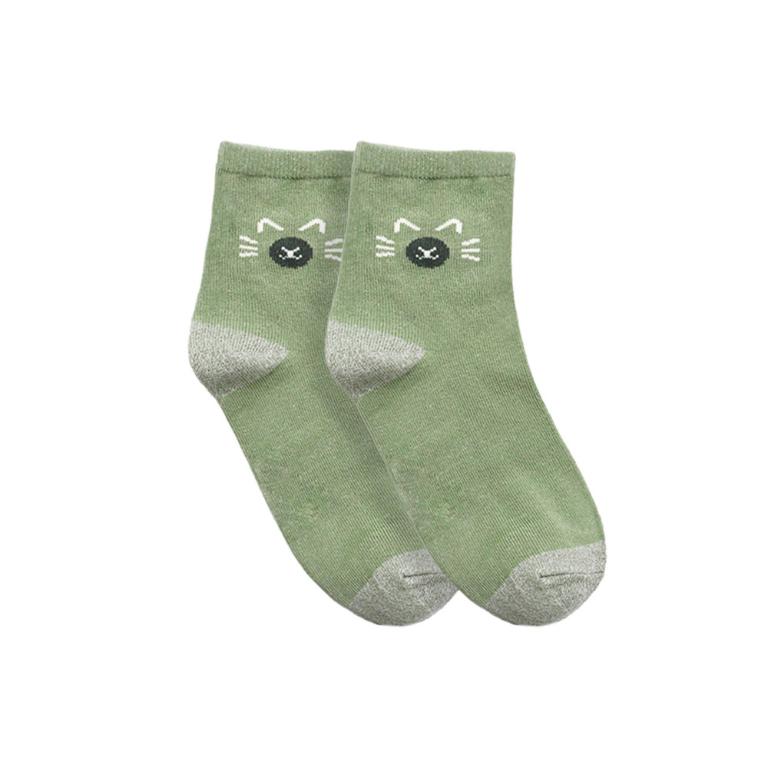摩力諾抗菌造型短襪-喵臉-灰綠