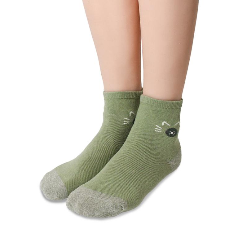 摩力諾抗菌造型短襪-喵臉-灰綠