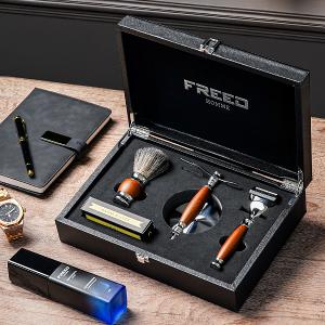 FREED 五刀式刮鬍刀豪華禮盒四件組 - 仿胡桃木+客製化刻字服務