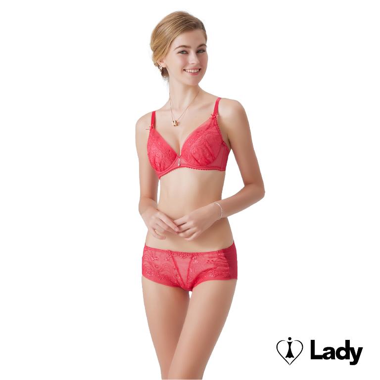Lady 晨光似戀系列 刺繡 蕾絲 低腰 平口褲 M-XL (熱戀紅)