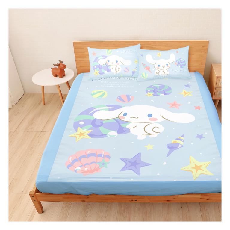 雙人加大床包枕套三件組6x6.2-三麗鷗大耳狗Cinnamoroll 捲捲貝殼灣-藍
