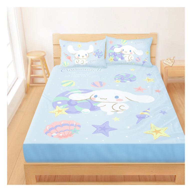 雙人床包枕套三件組5x6.2-三麗鷗大耳狗Cinnamoroll 捲捲貝殼灣-藍