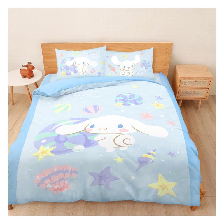 雙人加大床包薄被套四件組-三麗鷗大耳狗Cinnamoroll 捲捲貝殼灣-藍