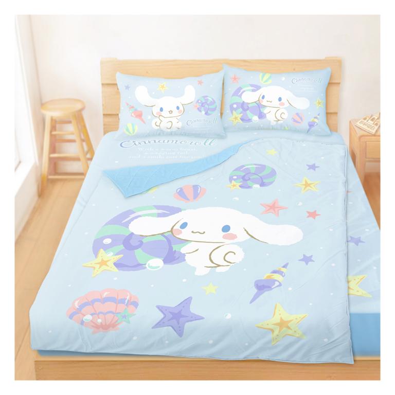 雙人床包涼被四件組-三麗鷗大耳狗Cinnamoroll 捲捲貝殼灣-藍