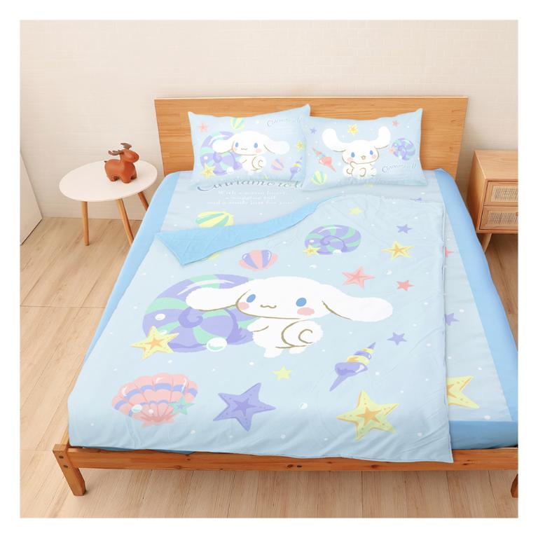 雙人加大床包涼被四件組-三麗鷗大耳狗Cinnamoroll 捲捲貝殼灣-藍