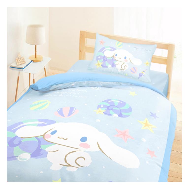 單人床包雙人薄被套三件組-三麗鷗大耳狗Cinnamoroll 捲捲貝殼灣-藍