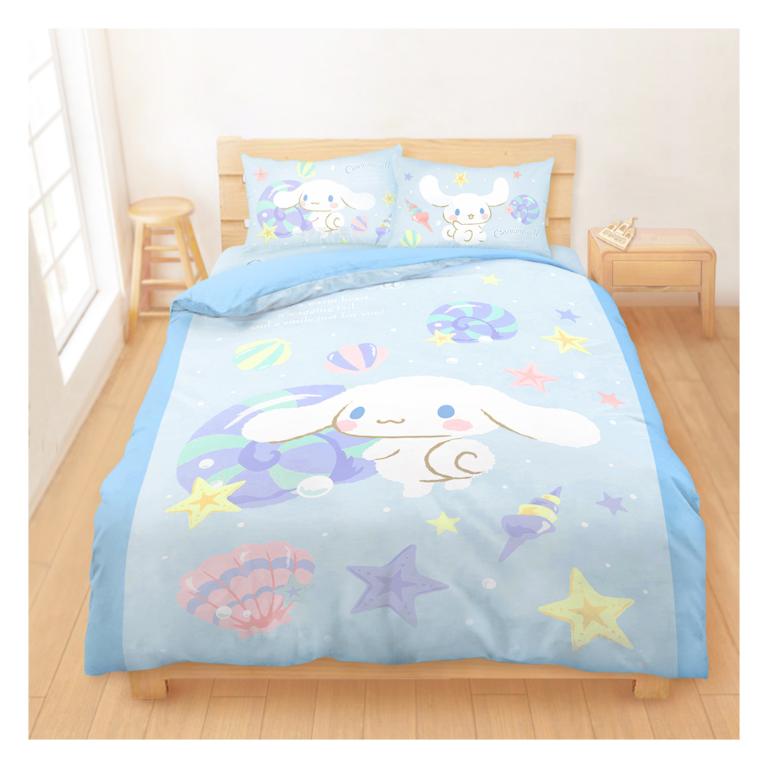 雙人床包兩用被套四件組-三麗鷗大耳狗Cinnamoroll 捲捲貝殼灣-藍