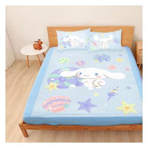 雙人加大床包枕套三件組6x6.2-三麗鷗大耳狗Cinnamoroll 捲捲貝殼灣-藍