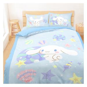 雙人床包薄被套四件組-三麗鷗大耳狗Cinnamoroll 捲捲貝殼灣-藍