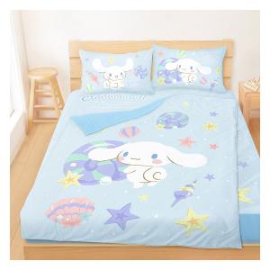 雙人床包涼被四件組-三麗鷗大耳狗Cinnamoroll 捲捲貝殼灣-藍