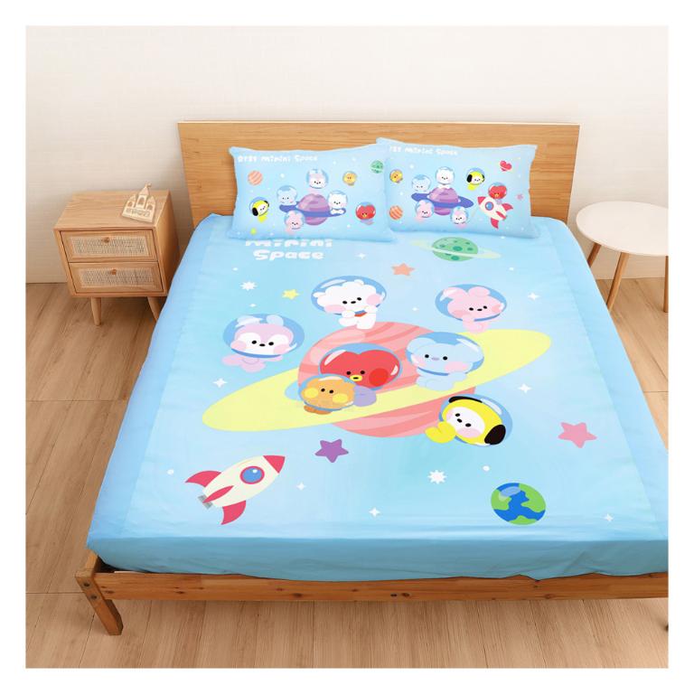 雙人加大床包枕套三件組6x6.2-BT21宇宙明星 太空漫遊BTS防彈少年團-藍