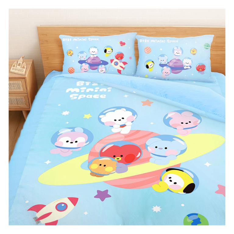雙人加大床包兩用被套四件組-BT21宇宙明星 太空漫遊BTS防彈少年團-藍