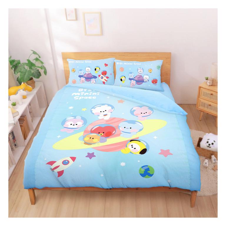 雙人床包兩用被套四件組-BT21宇宙明星 太空漫遊BTS防彈少年團-藍