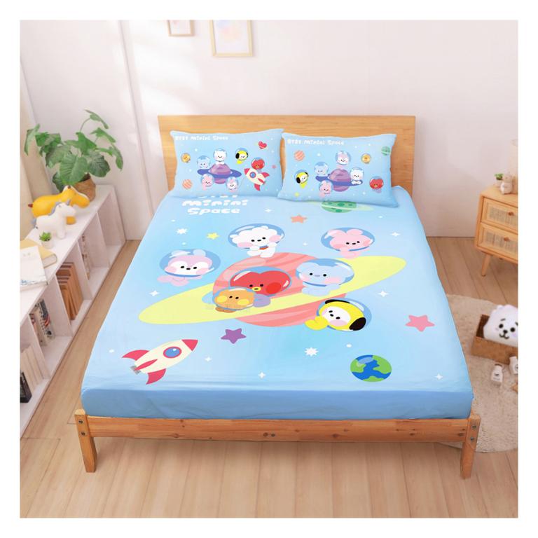雙人床包枕套三件組5x6.2-BT21宇宙明星 太空漫遊BTS防彈少年團-藍