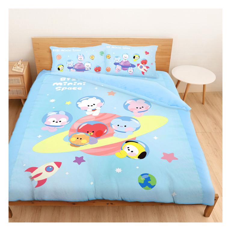 雙人加大床包薄被套四件組-BT21宇宙明星 太空漫遊BTS防彈少年團-藍
