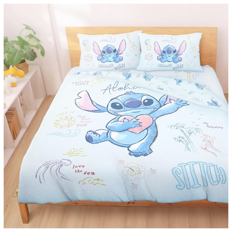 MIT卡通天絲雙人加大床包薄被套四件組-迪士尼史迪奇Stitch 海景時光-藍