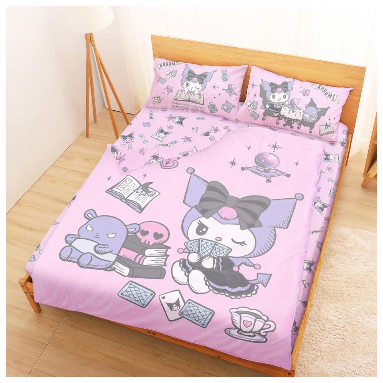 MIT卡通天絲雙人床包涼被四件組-三麗鷗酷洛米KUROMI 神秘占卜師-粉