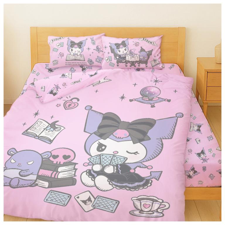 MIT卡通天絲雙人加大床包薄被套四件組-三麗鷗酷洛米KUROMI 神秘占卜師-粉