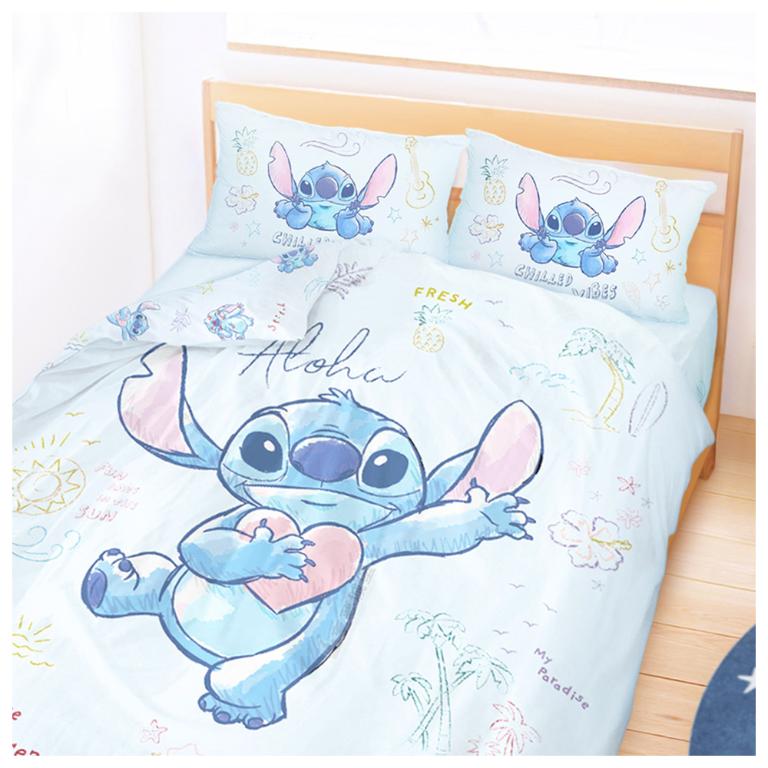 MIT卡通天絲雙人床包薄被套四件組-迪士尼史迪奇Stitch 海景時光-藍
