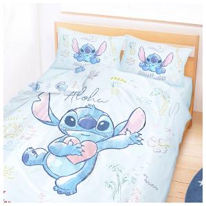 MIT卡通天絲雙人床包薄被套四件組-迪士尼史迪奇Stitch 海景時光-藍