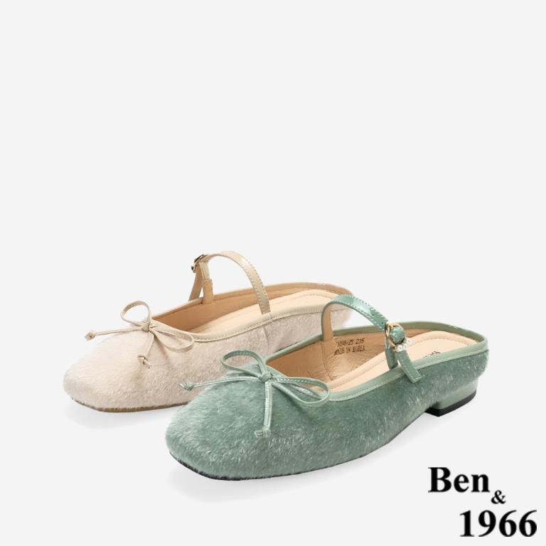 Ben&1966高級馬毛牛皮氣質蝴蝶結方頭穆勒拖-綠(256441)