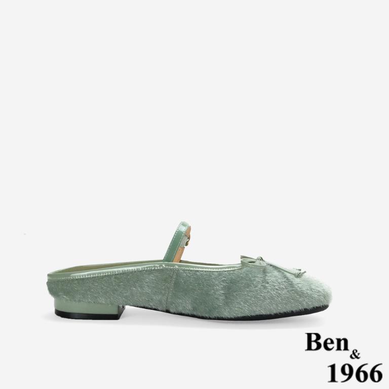 Ben&1966高級馬毛牛皮氣質蝴蝶結方頭穆勒拖-綠(256441)