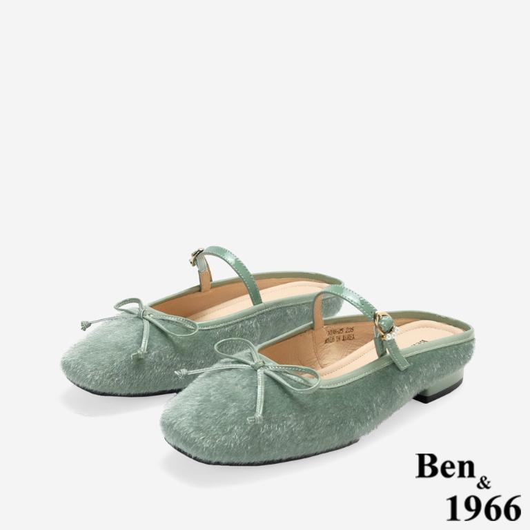 Ben&1966高級馬毛牛皮氣質蝴蝶結方頭穆勒拖-綠(256441)