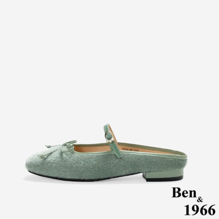 Ben&1966高級馬毛牛皮氣質蝴蝶結方頭穆勒拖-綠(256441)