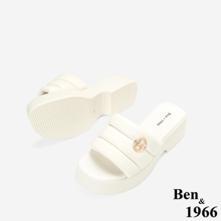 Ben&1966高級柔軟羊皮簡約厚底拖鞋-米白(256062)