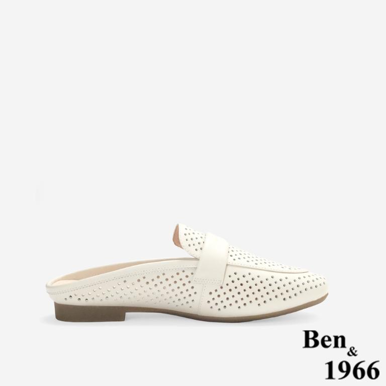 Ben&1966高級頭層牛皮洞洞透氣穆勒拖-米白(256352)