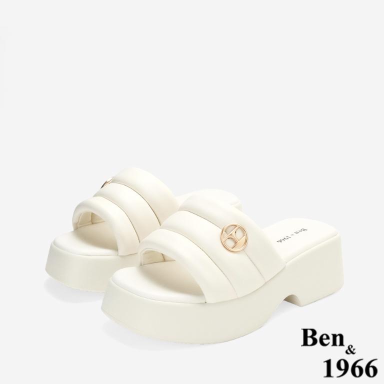 Ben&1966高級柔軟羊皮簡約厚底拖鞋-米白(256062)