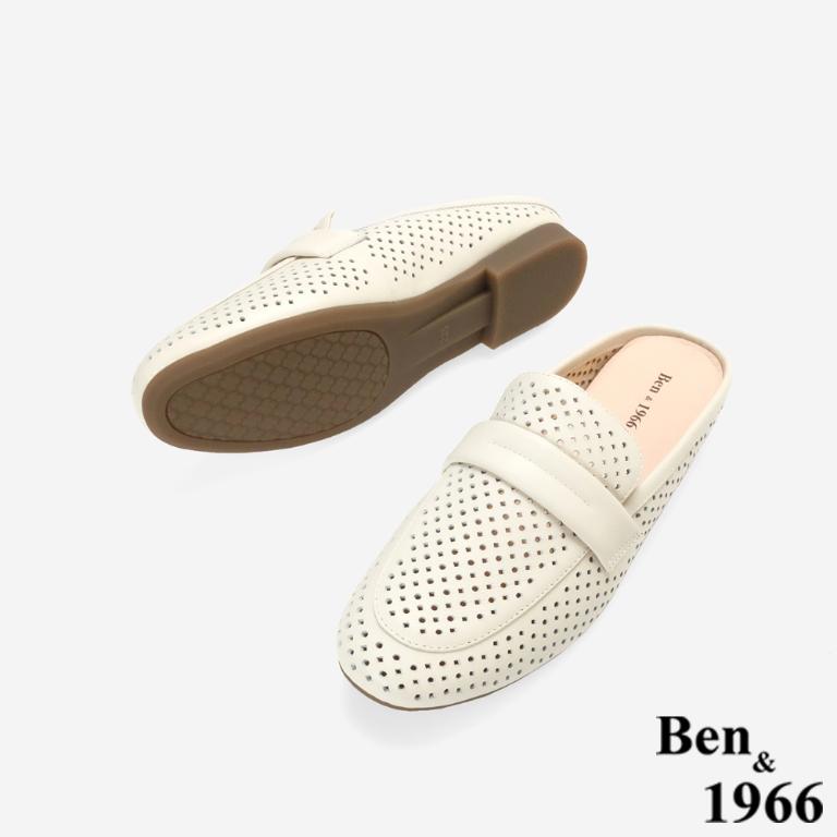 Ben&1966高級頭層牛皮洞洞透氣穆勒拖-米白(256352)
