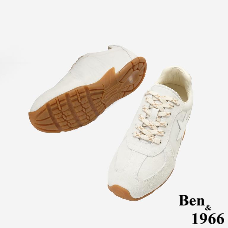 Ben&1966高級頭層牛皮舒適內增高休閒鞋-米白(256312)